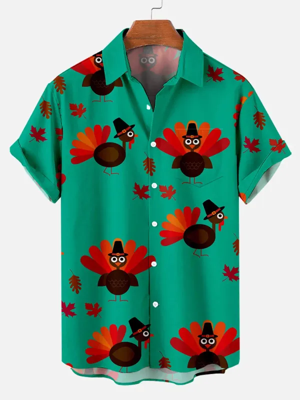 Men's Pilgrim Turkey Pattern Thanksgiving Short Sleeve Shirt sold by Eleven Oasis