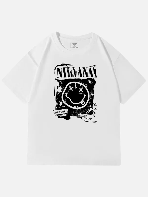 Nirvana Smiley Distressed Graphic Cotton T-Shirt sold by Eleven Oasis