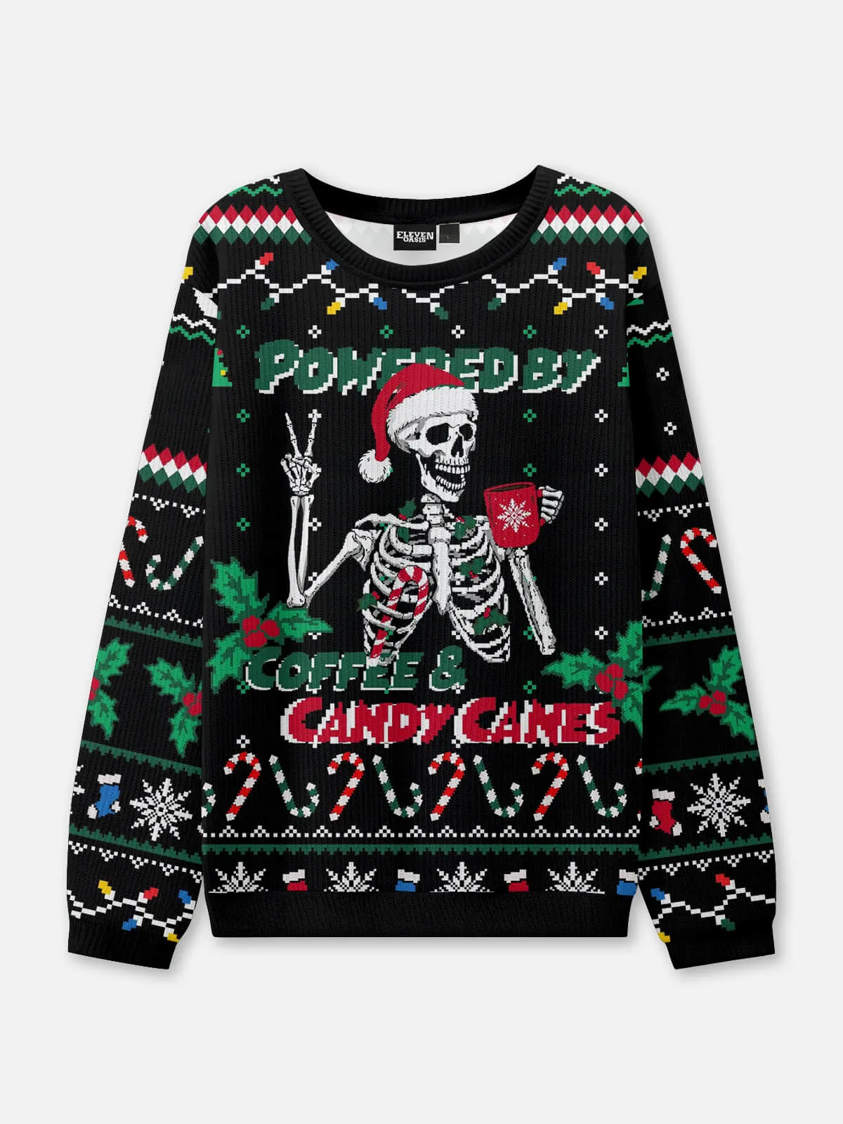 Powered by Coffee & Candy Canes Ugly Christmas Sweatshirt sold by Eleven Oasis