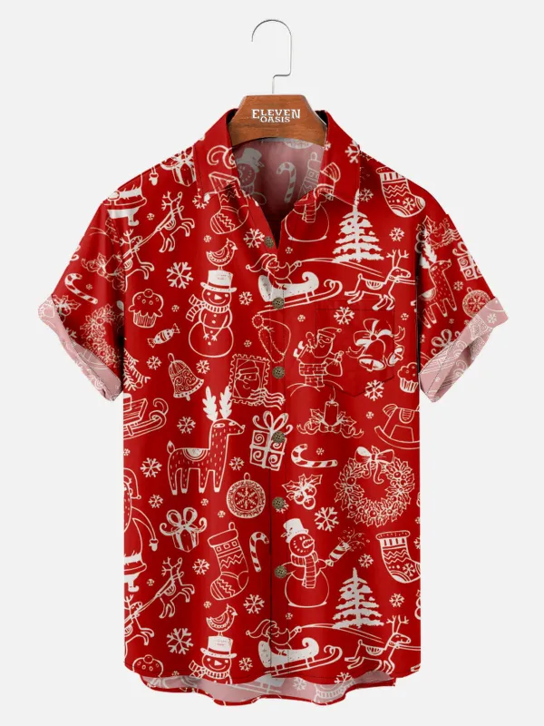 Men's Red Christmas Doodle Print Short Sleeve Shirt sold by Eleven Oasis