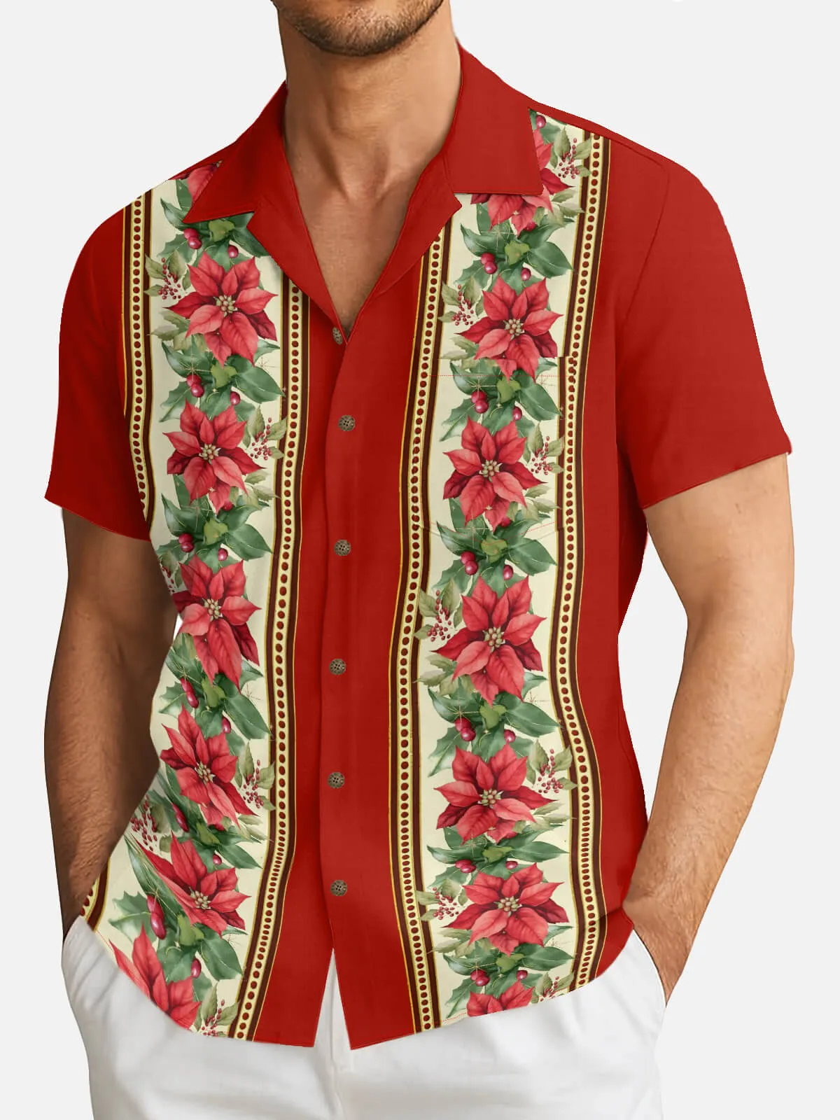 Tall Men's Poinsettia Garland Christmas Short Sleeve Shirt sold by Eleven Oasis product image thumbnail 2