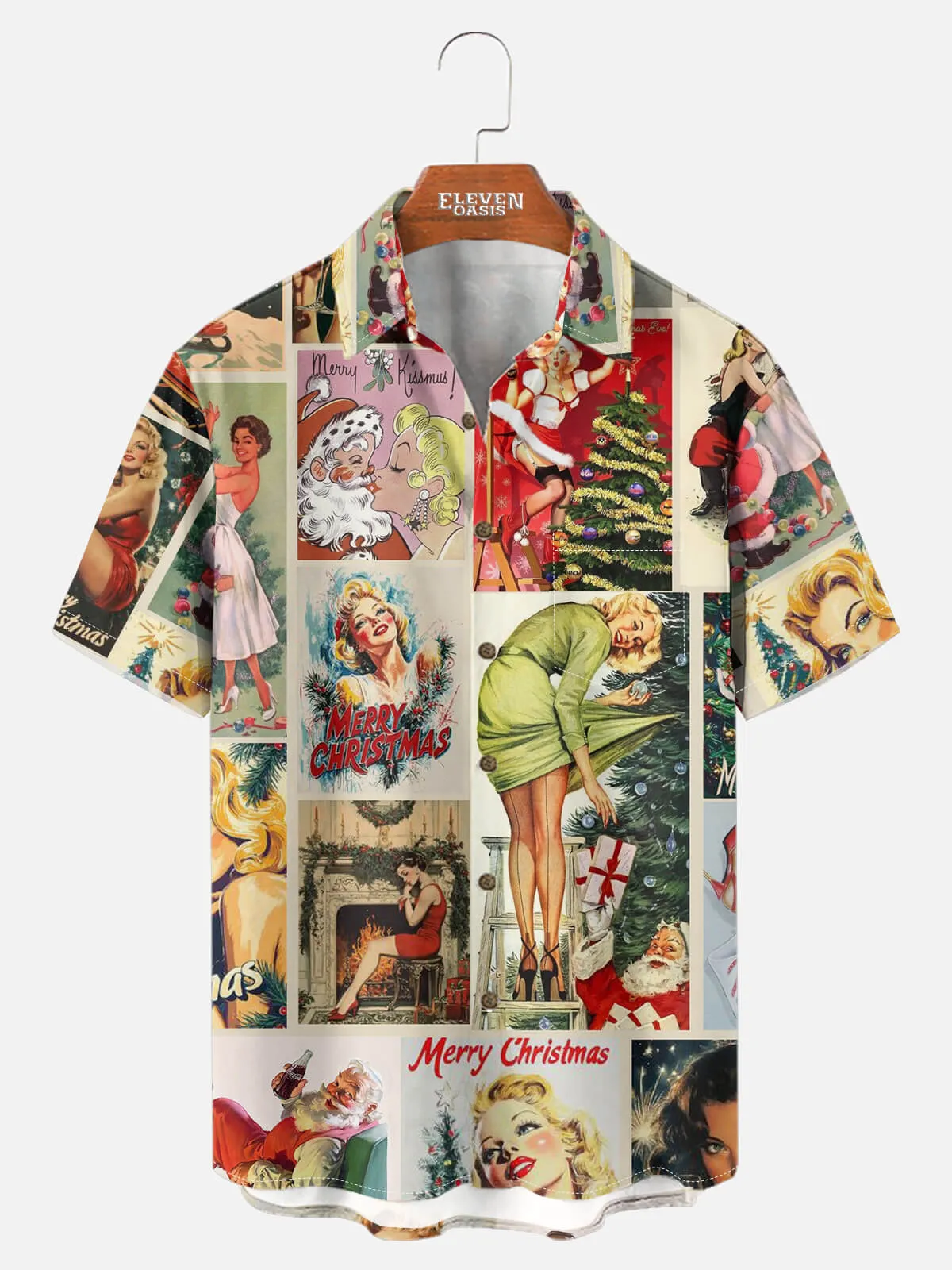 Tall Men's Vintage Pin-Up Merry Christmas Short Sleeve Shirt sold by Eleven Oasis