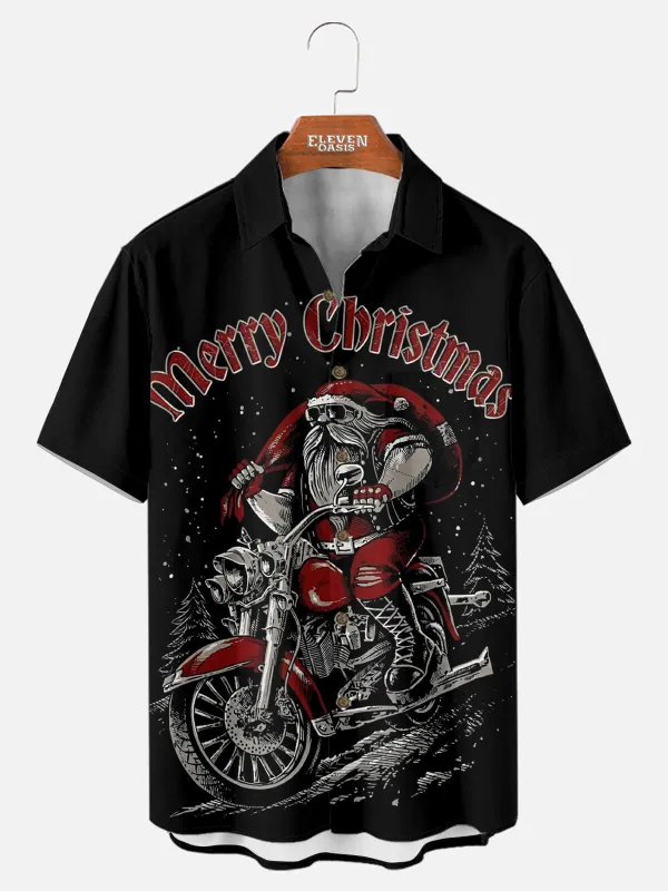 Tall Men's Biker Santa Merry Christmas Short Sleeve Shirt sold by Eleven Oasis
