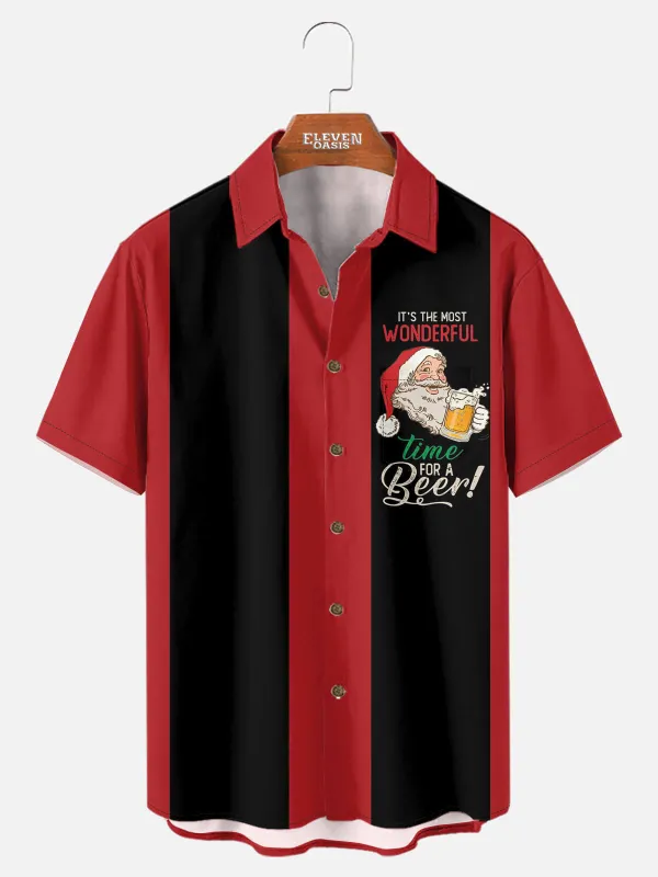 Men's Santa Beer Time Christmas Bowling Short Sleeve Shirt sold by Eleven Oasis