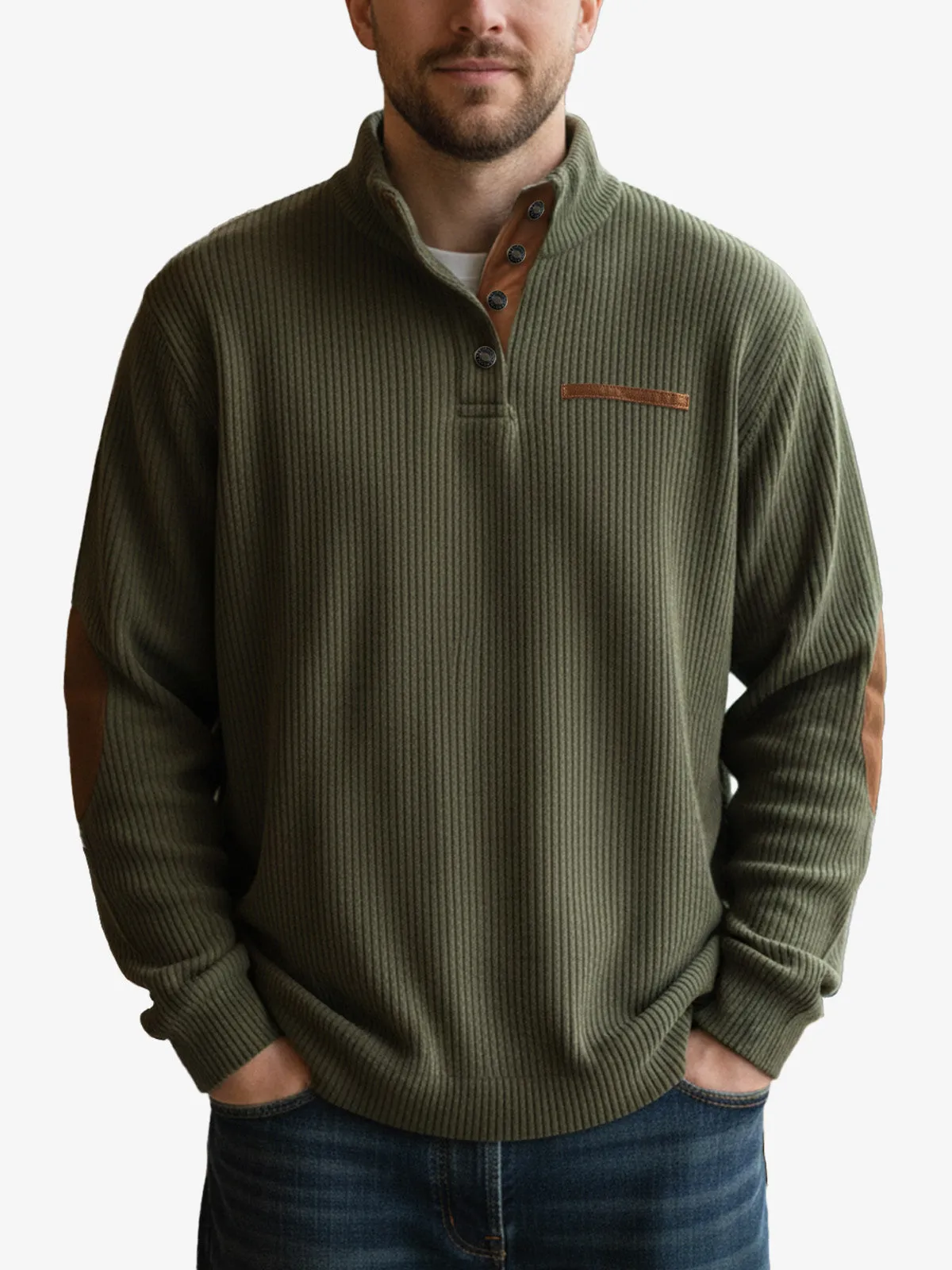 Men's Cord Texture Button Mock Neck Pullover sold by Eleven Oasis product image thumbnail 2