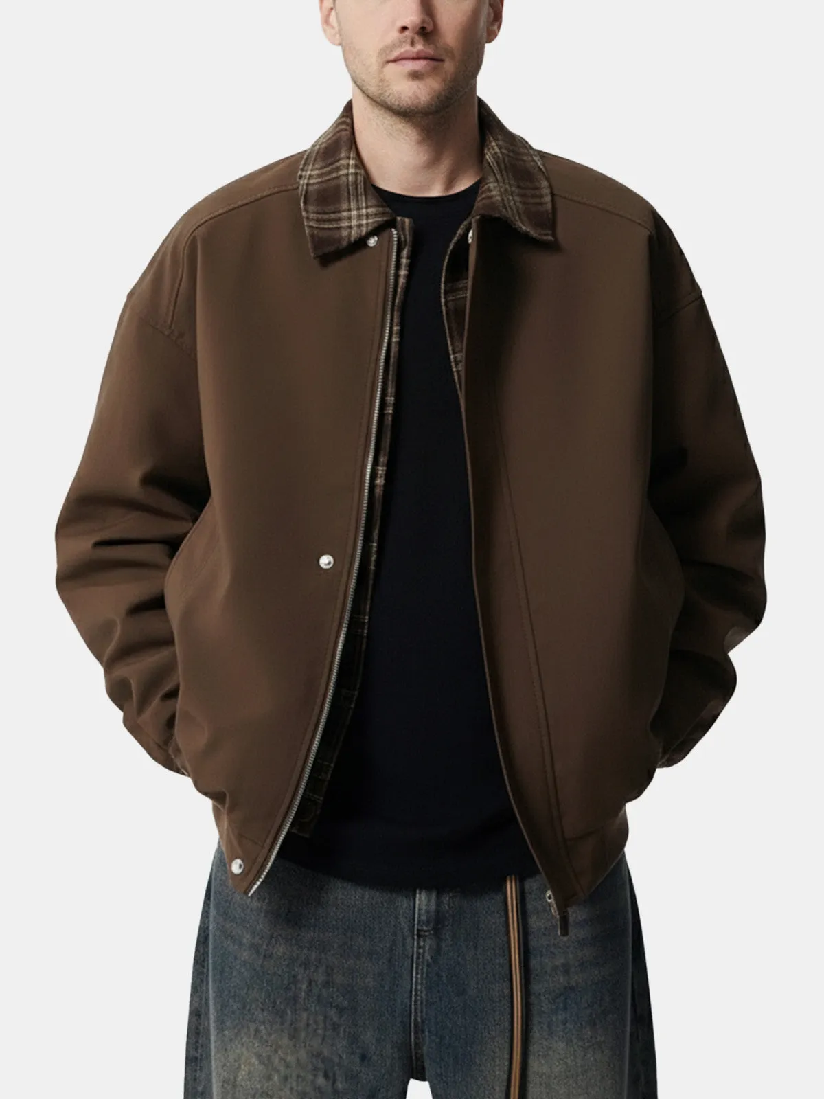 Men's Plaid Collar Zip-Up Bomber Jacket sold by Eleven Oasis product image thumbnail 2