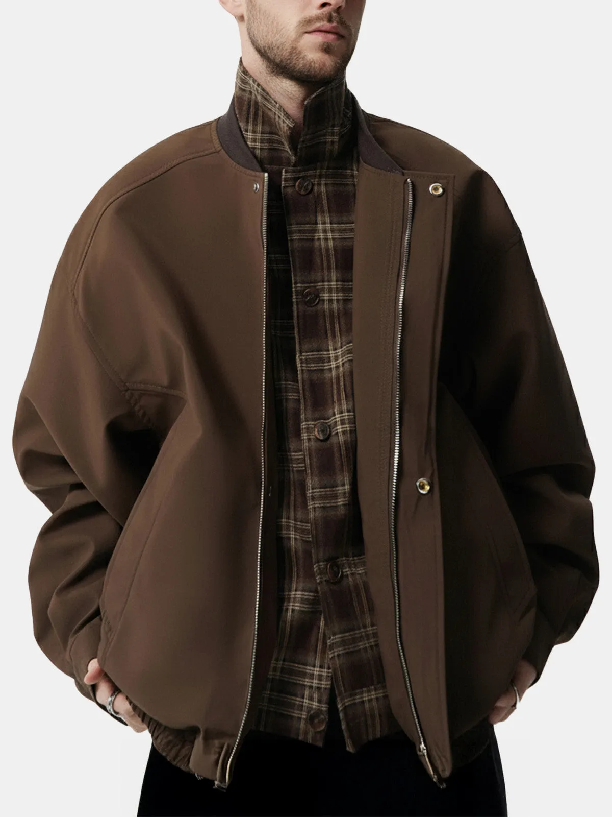 Men's Plaid Collar Zip-Up Bomber Jacket sold by Eleven Oasis product image thumbnail 4