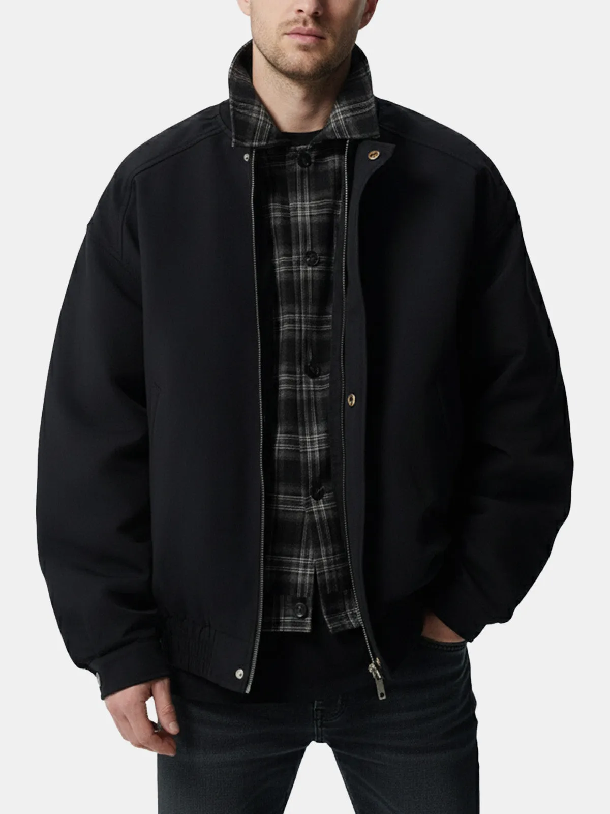 Men's Plaid Collar Zip-Up Bomber Jacket sold by Eleven Oasis product image thumbnail 3