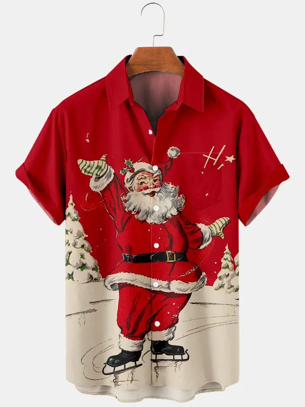 Men's Ice Skating Santa Short Sleeve Shirt sold by Eleven Oasis