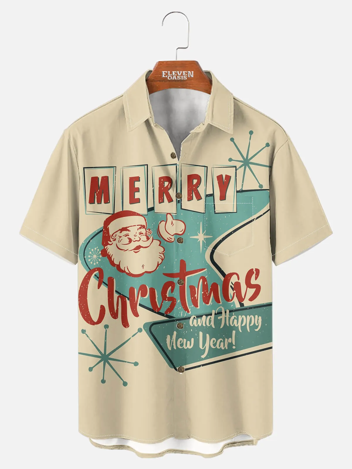 Tall Men's Mid-Century Modern Santa Holiday Short Sleeve Shirt sold by Eleven Oasis