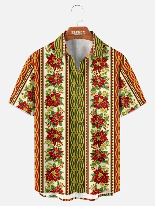 Men's Poinsettia Stripe Christmas Short Sleeve Shirt made by Eleven Oasis