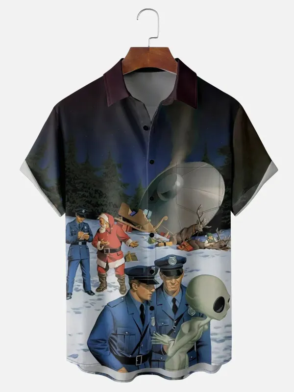 Men's Santa UFO Encounter Christmas Short Sleeve Shirt sold by Eleven Oasis