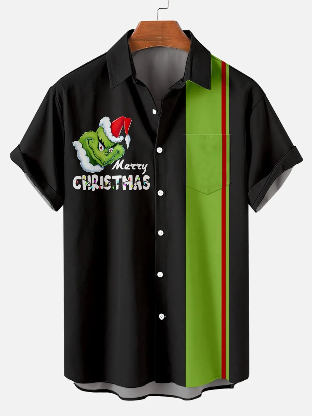 Men's Merry Grinch Christmas Panel Stripe Short Sleeve Shirt sold by Eleven Oasis