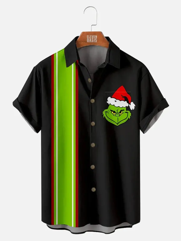 Men's Grinch Face Christmas Panel Stripe Short Sleeve Shirt sold by Eleven Oasis