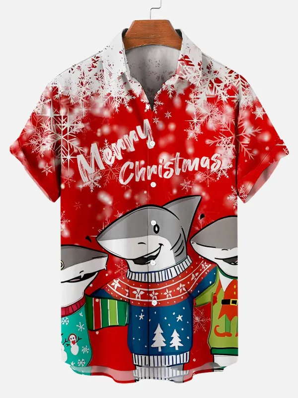 Men¡¯s Merry Christmas Shark Short Sleeve Shirt sold by Eleven Oasis