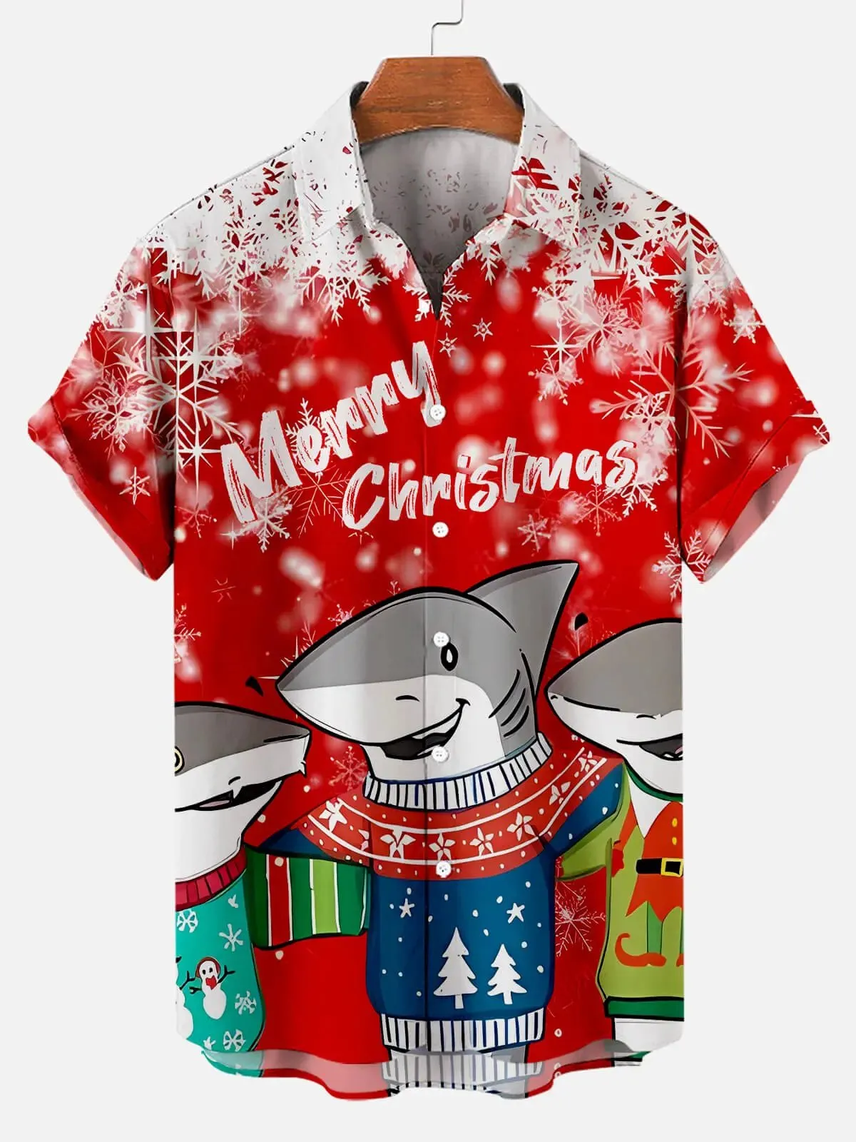 Men's Merry Christmas Shark Short Sleeve Shirt sold by Eleven Oasis