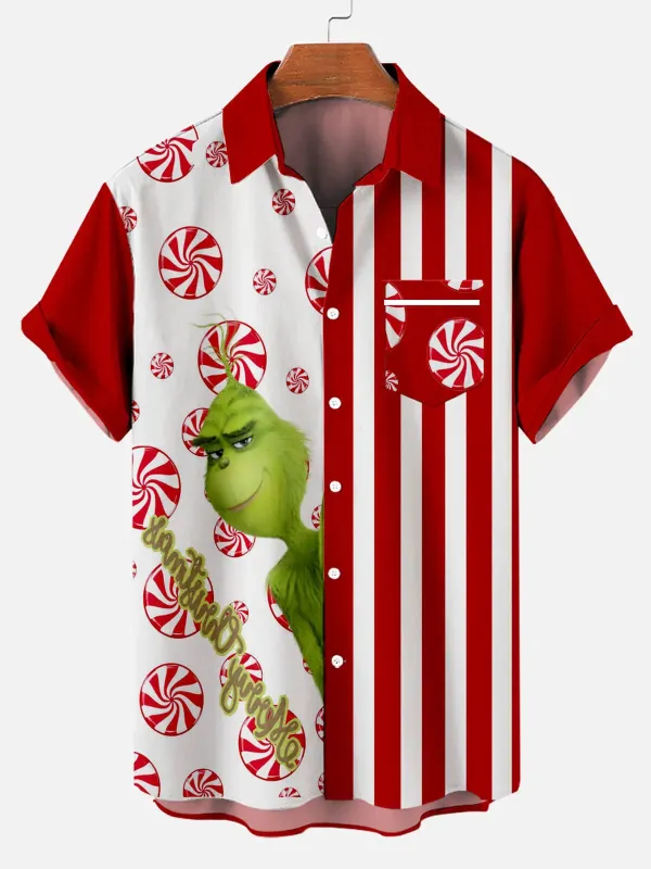 Christmas Grinch Striped Men's Short Sleeve Casual Shirt sold by Eleven Oasis