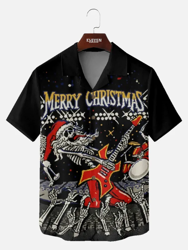 Men's Rockin' Skeleton Santa Short Sleeve Shirt sold by Eleven Oasis