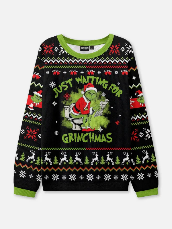 Just Waiting for Grinchmas Ugly Christmas Sweater sold by Eleven Oasis