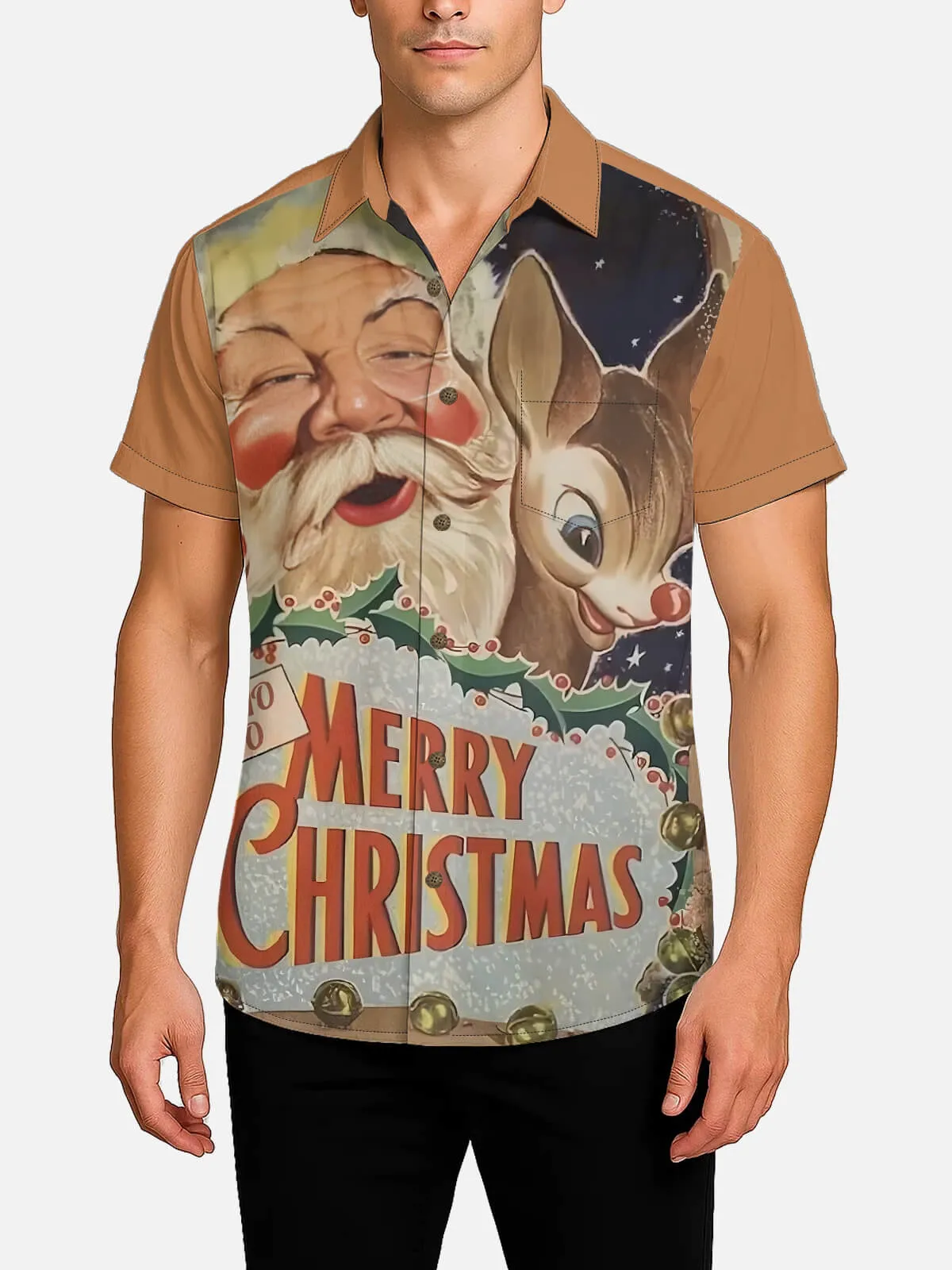 Men's Santa and Rudolph Merry Christmas Short Sleeve Shirt sold by Eleven Oasis product image thumbnail 2
