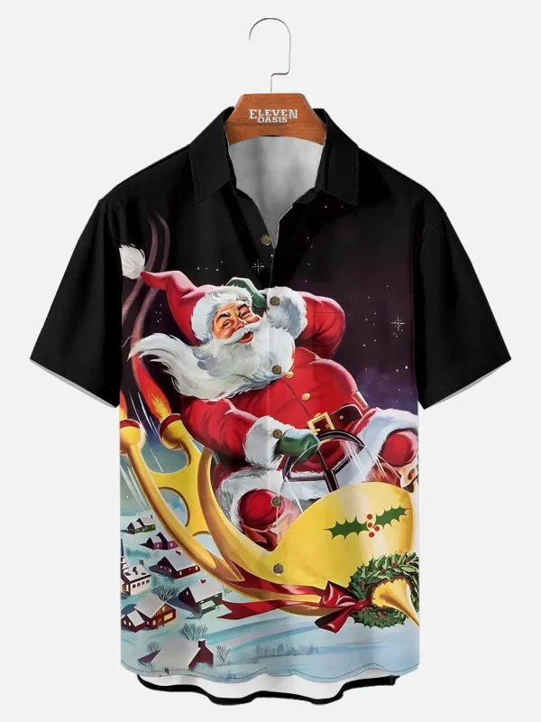 Men's Retro Santa Sleigh Ride Christmas Short Sleeve Shirt sold by Eleven Oasis