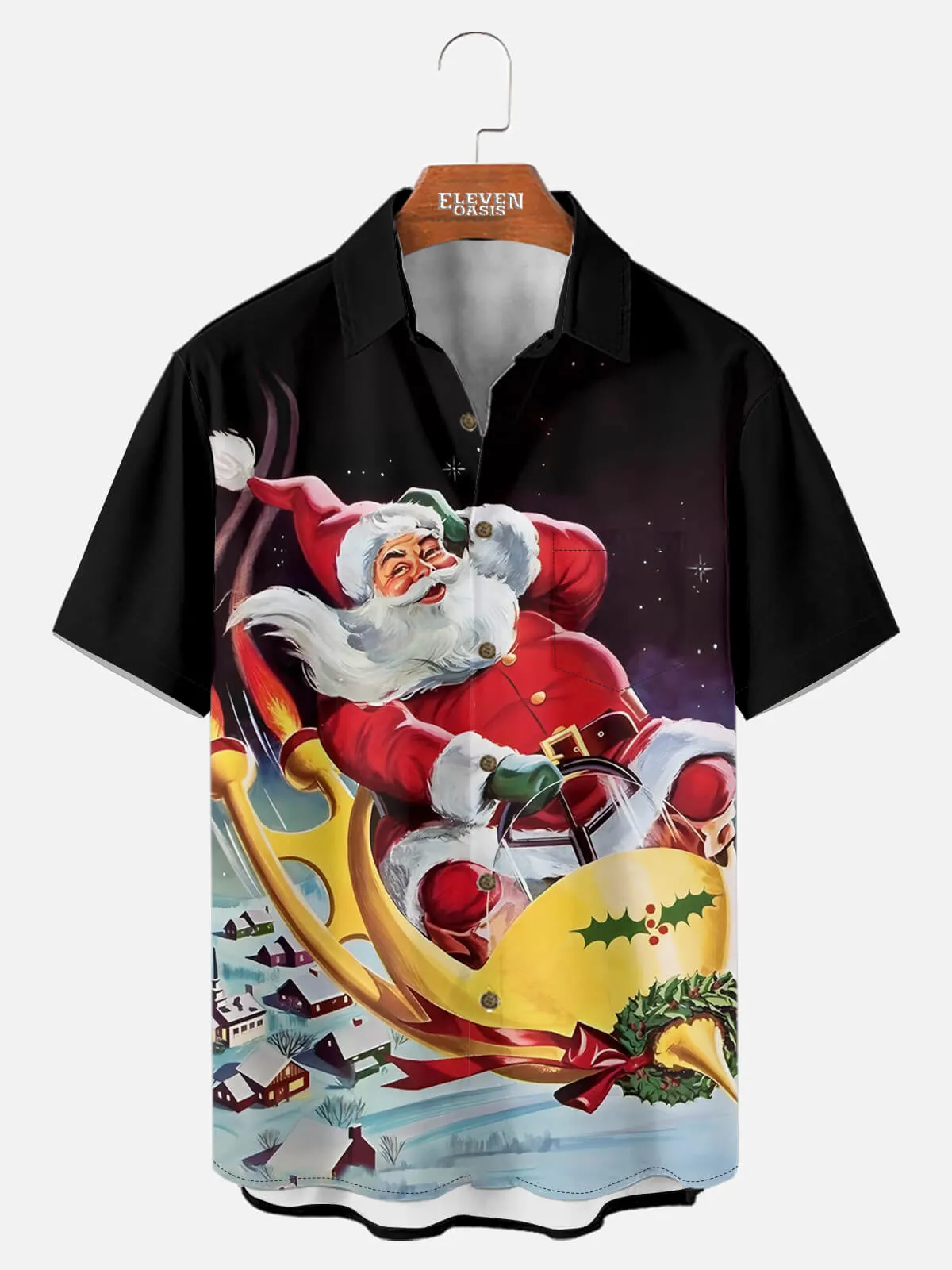 Men's Retro Santa Sleigh Ride Christmas Short Sleeve Shirt sold by Eleven Oasis
