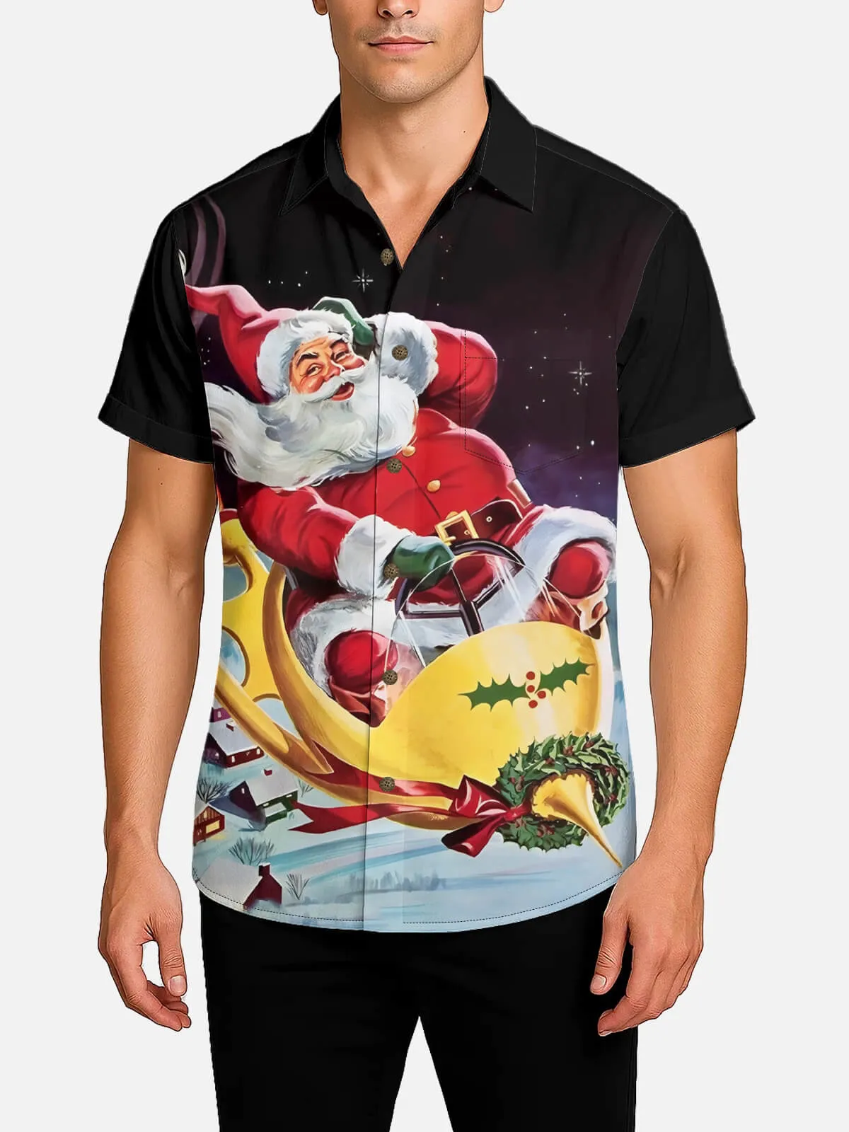 Men's Retro Santa Sleigh Ride Christmas Short Sleeve Shirt sold by Eleven Oasis product image thumbnail 2