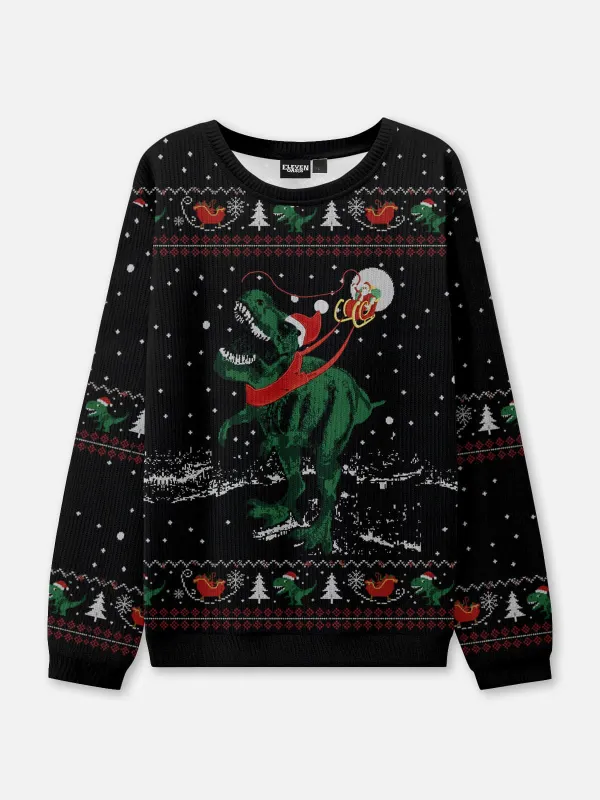 Santa's T-Rex Sleigh Ride Ugly Christmas Sweater sold by Eleven Oasis
