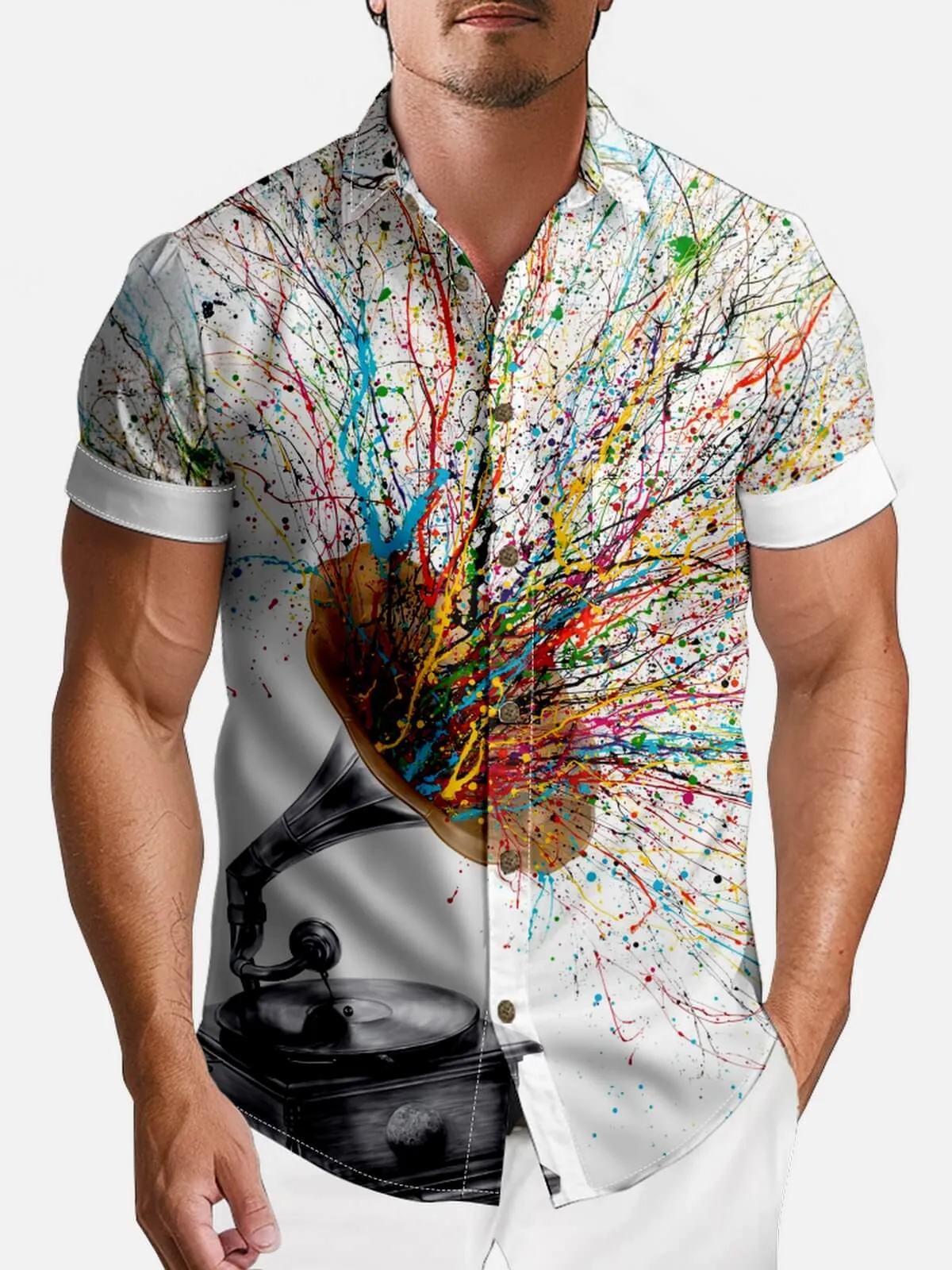 Men's Gramophone Paint Splash Short Sleeve Shirt sold by Eleven Oasis product image thumbnail 2