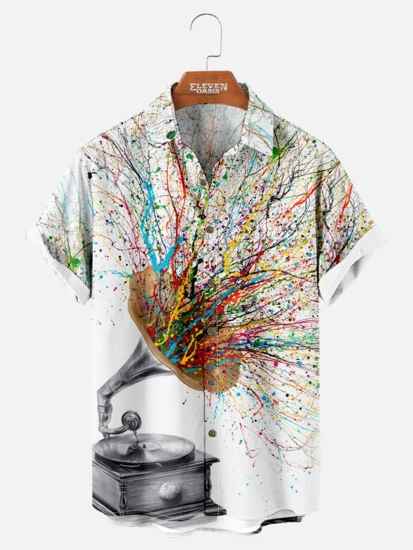 Men's Gramophone Paint Splash Short Sleeve Shirt sold by Eleven Oasis