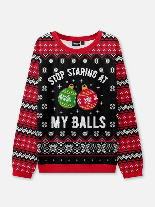 Stop Staring at My Balls Ugly Christmas Sweater sold by Eleven Oasis