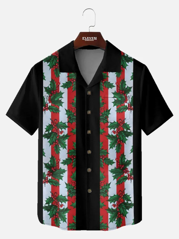 Men's Holly Stripe Christmas Short Sleeve Shirt sold by Eleven Oasis