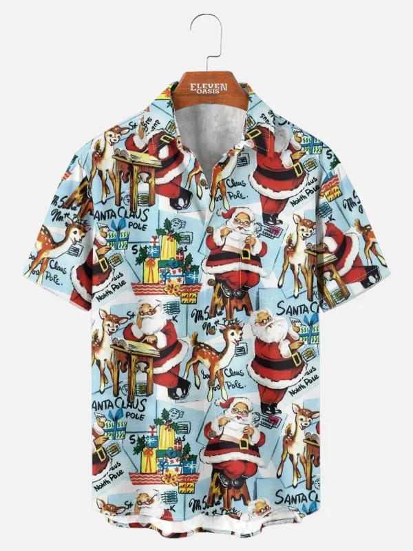 Men's Vintage Santa & Reindeer Christmas Short Sleeve Shirt sold by Eleven Oasis