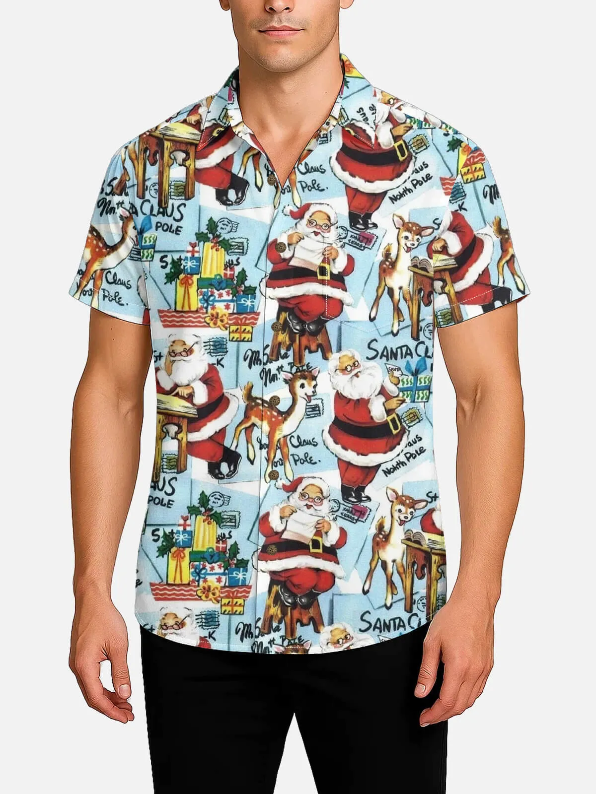 Men's Vintage Santa & Reindeer Christmas Short Sleeve Shirt sold by Eleven Oasis product image thumbnail 2