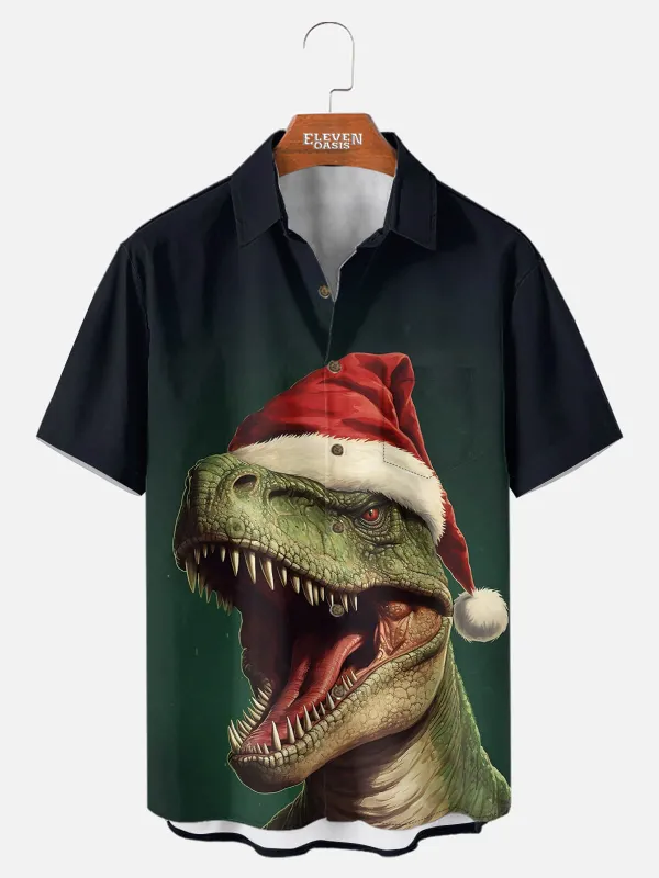Men's Ferocious T-Rex Santa Hat Short Sleeve Shirt sold by Eleven Oasis
