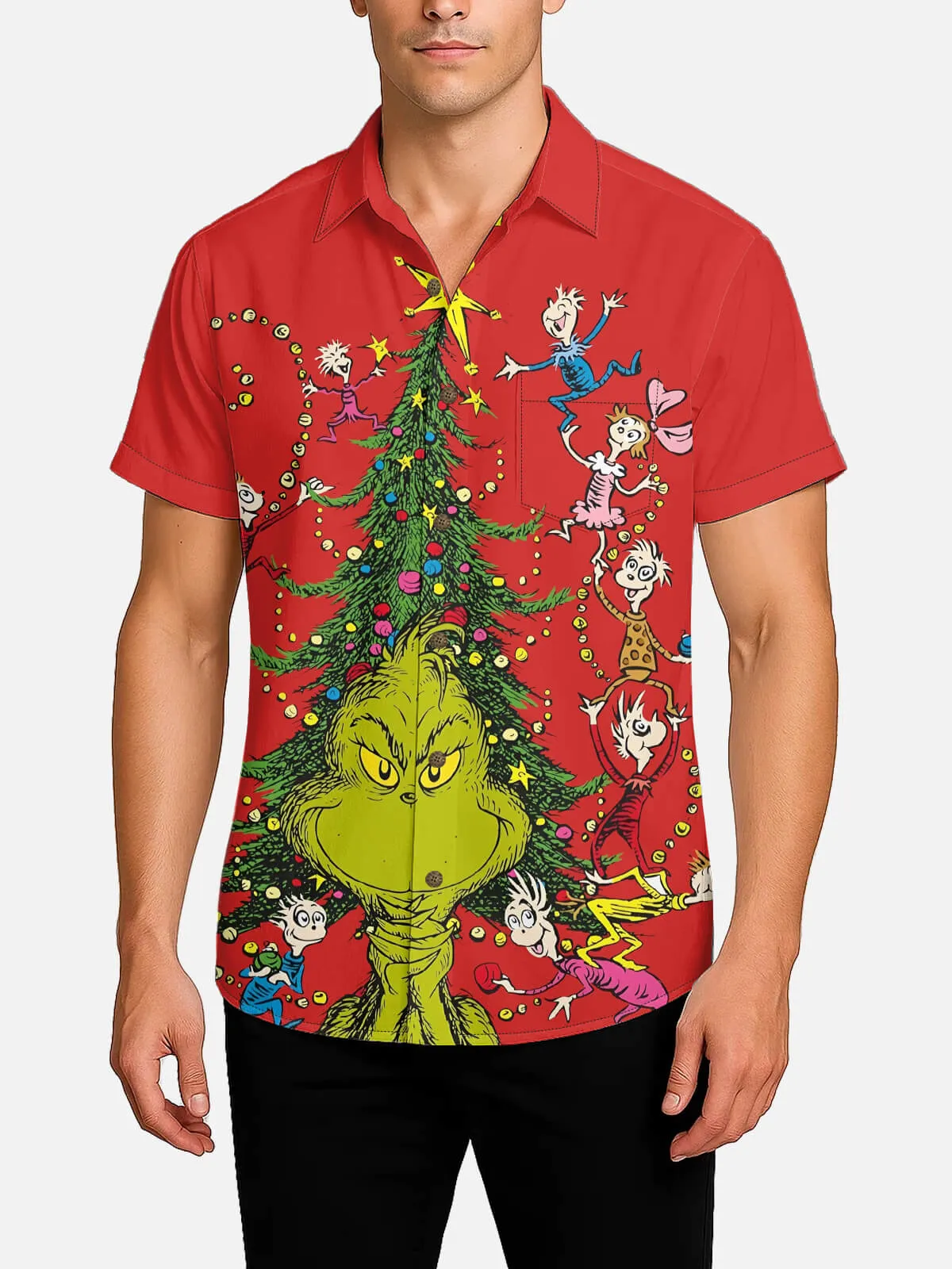Tall Men's Grinch Steals Christmas Tree Red Short Sleeve Shirt sold by Eleven Oasis product image thumbnail 2