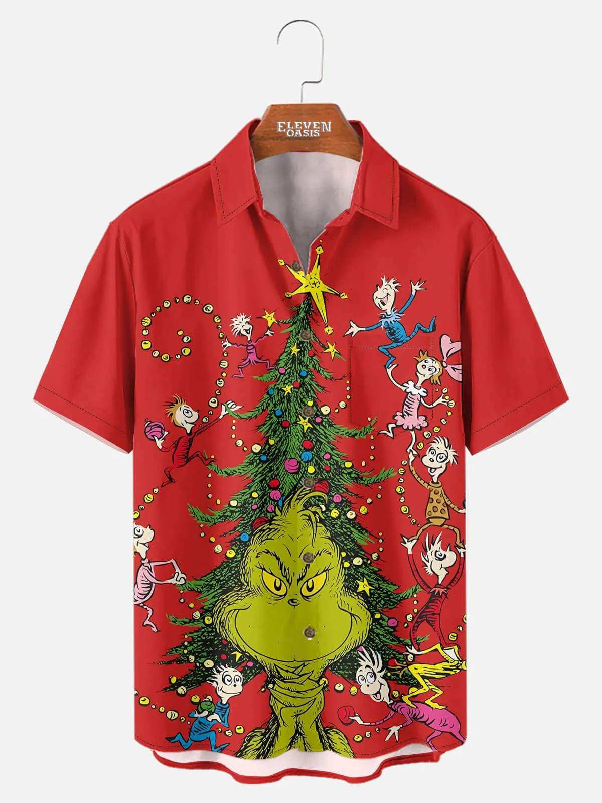 Men's Grinch Steals Christmas Tree Red Short Sleeve Shirt sold by Eleven Oasis
