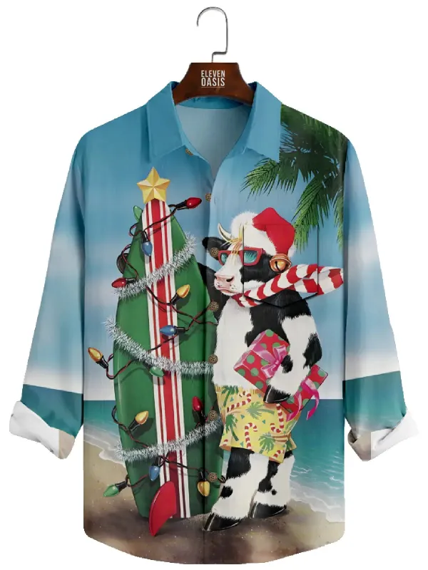 Men's Christmas Cow Surfboard Beach Long Sleeve Shirt sold by Eleven Oasis