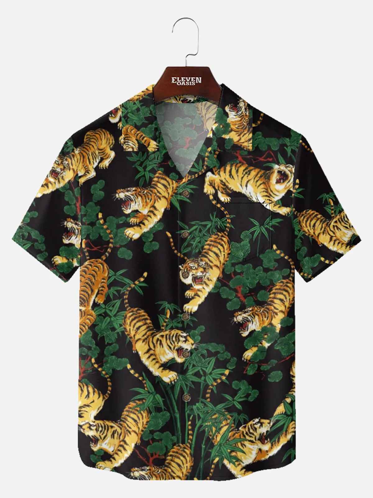Men's Japanese Tiger & Bamboo Camp Collar Short Sleeve Shirt sold by Eleven Oasis