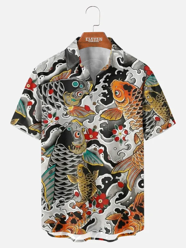 Men's Japanese Koi & Wave Tattoo Art Spread Collar Short Sleeve Shirt sold by Eleven Oasis