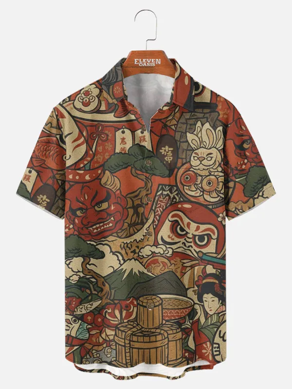 Men's Japanese Folk Motifs Camp Collar Short Sleeve Shirt sold by Eleven Oasis