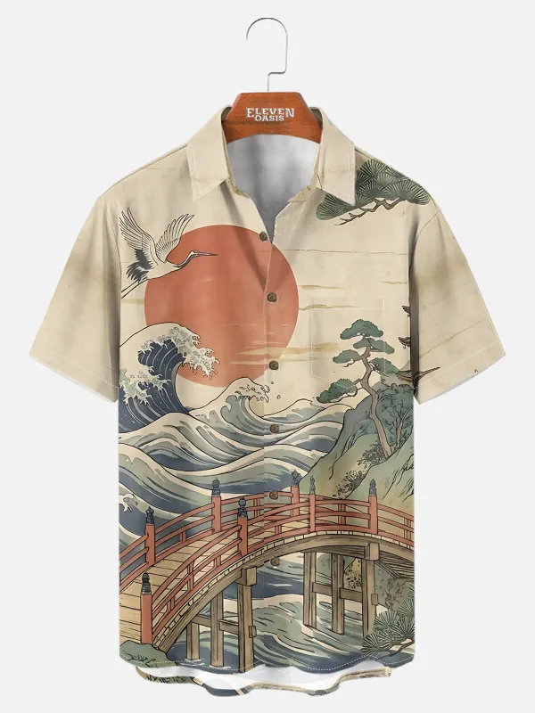 Men's Japanese Bridge & Crane Landscape Camp Collar Short Sleeve Shirt sold by Eleven Oasis