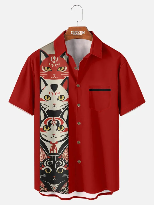 Men's Japanese Cat Mask Panel Camp Collar Short Sleeve Shirt sold by Eleven Oasis