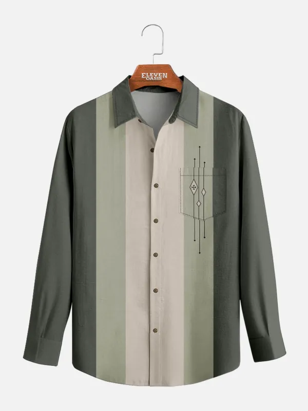 Men's Color-block Striped Casual Breathable Bowling Long Sleeve Shirt sold by Eleven Oasis