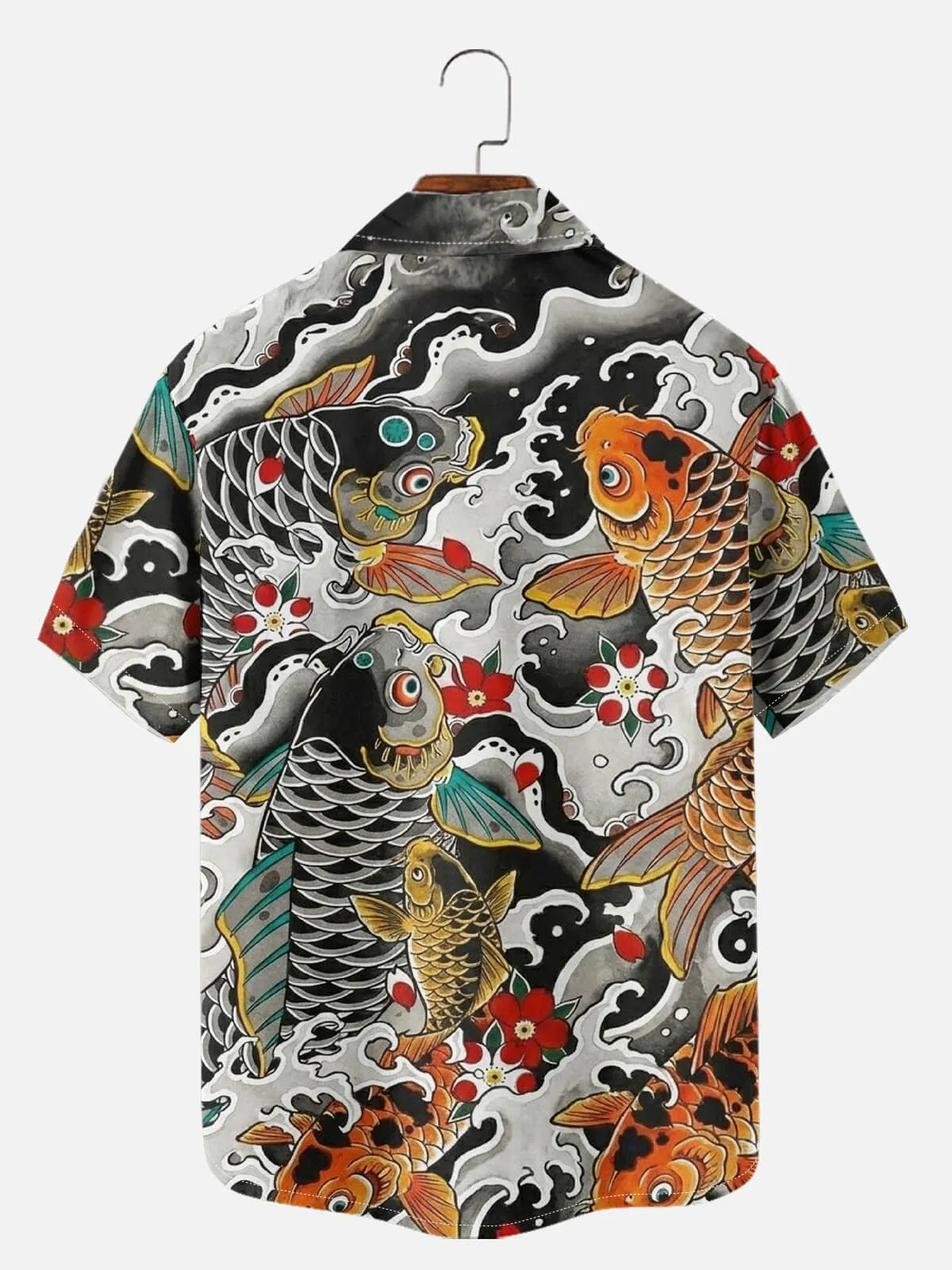 Tall Men's Japanese Koi & Wave Tattoo Art Spread Collar Short Sleeve Shirt sold by Eleven Oasis product image thumbnail 3