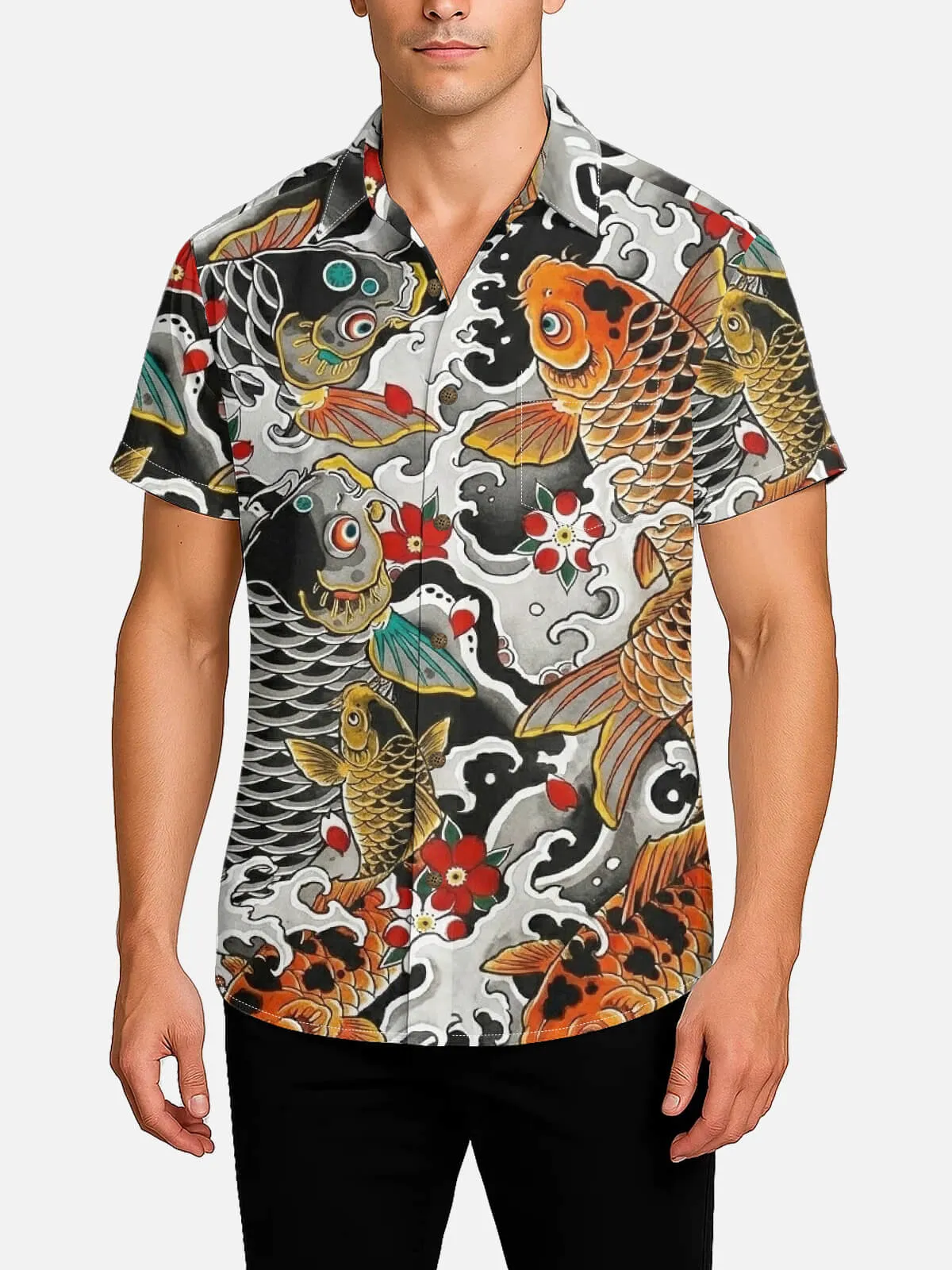 Tall Men's Japanese Koi & Wave Tattoo Art Spread Collar Short Sleeve Shirt sold by Eleven Oasis product image thumbnail 2