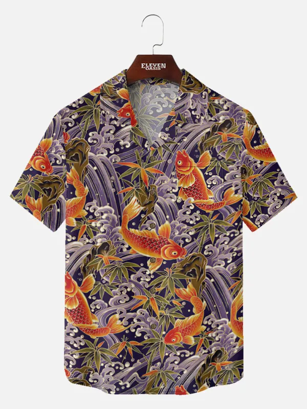 Tall Men's Japanese Koi & Waves Camp Collar Short Sleeve Shirt sold by Eleven Oasis