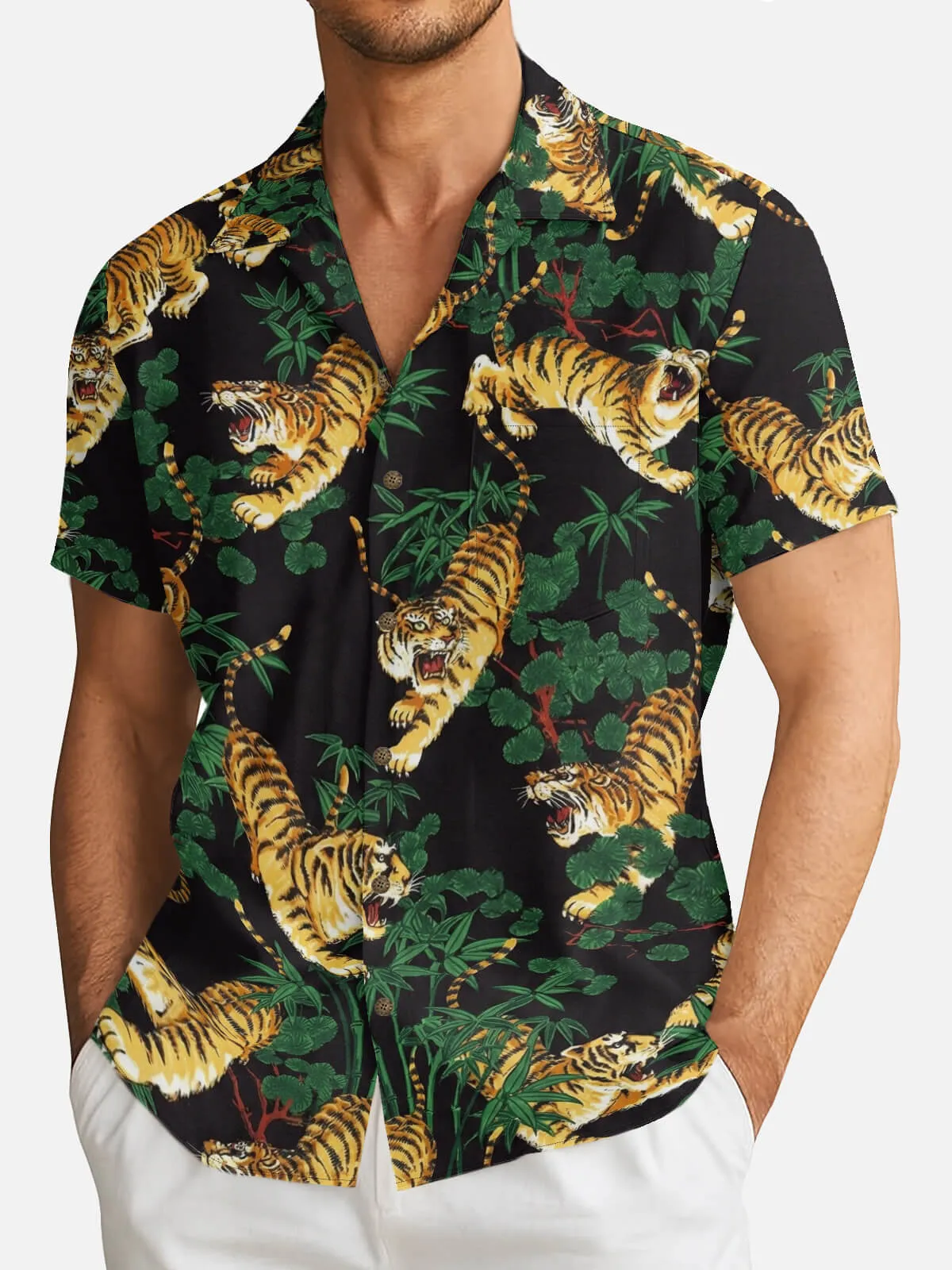 Tall Men's Japanese Tiger & Bamboo Camp Collar Short Sleeve Shirt sold by Eleven Oasis product image thumbnail 2