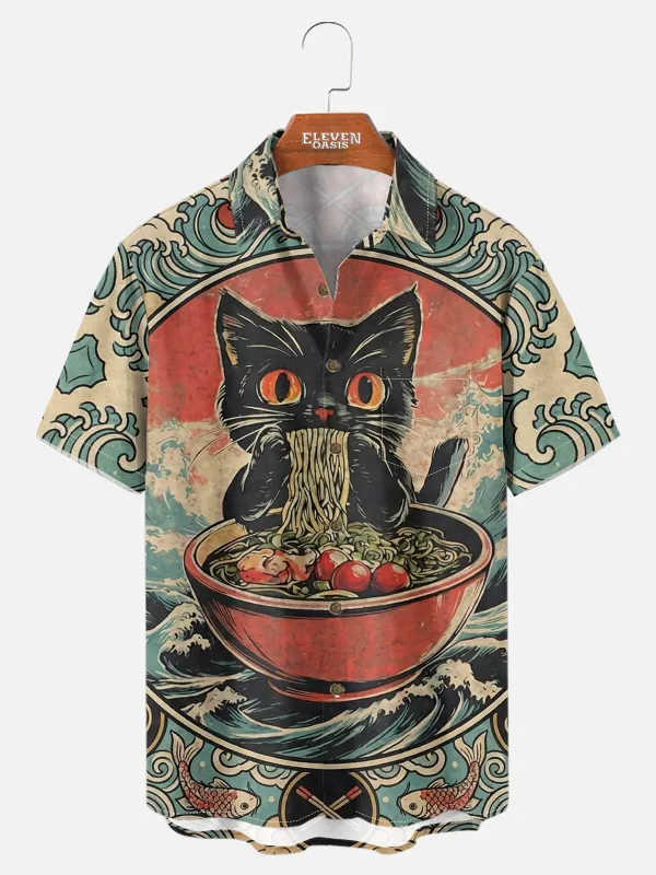 Tall Men's Japanese Ramen Cat Ukiyo-e Short Sleeve Shirt sold by Eleven Oasis
