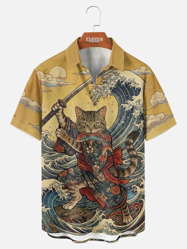 Tall Men's Japanese Samurai Cat Wave Art Short Sleeve Shirt sold by Eleven Oasis